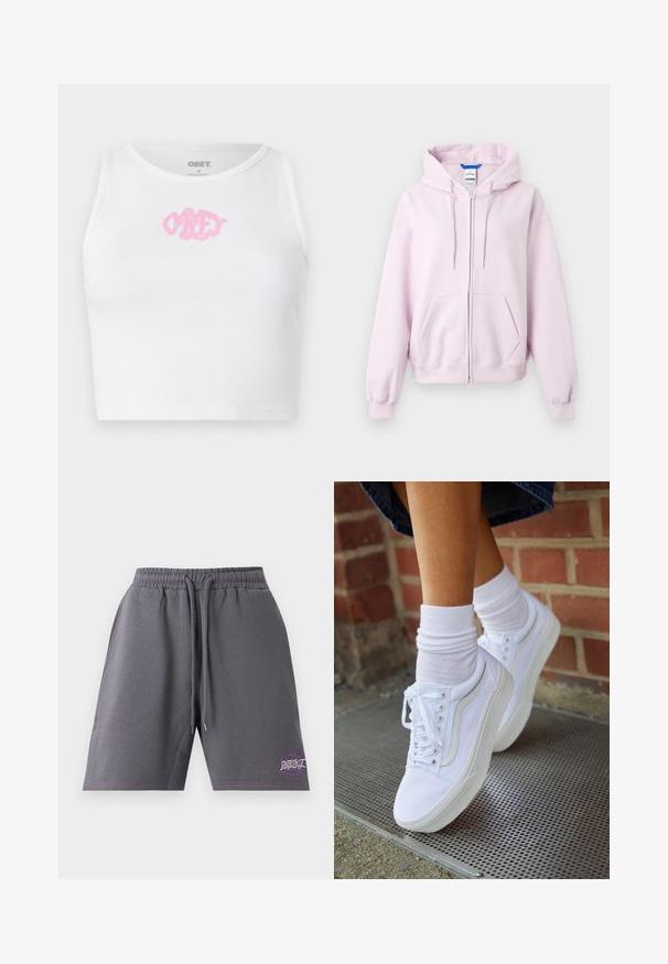 Lichtroze zip-up hoodie met capuchon, frontzakken en geribbelde boorden en zoom, weergegeven op een witte achtergrond.; Witte geribde cropped top met een roze "OBEY" logo in het midden. Ontworpen met een ronde halslijn en zonder mouwen.; Donkergrijze casual shorts met elastische tailleband en trekkoorden, met een kleine paarse afbeelding aan de onderkant van het linkerbeen.; Witte canvas sneakers met rubberen zolen, voorzien van zes vetertjes, een ronde neus en lichte stikdetails, gecombineerd met witte enkelsokken.