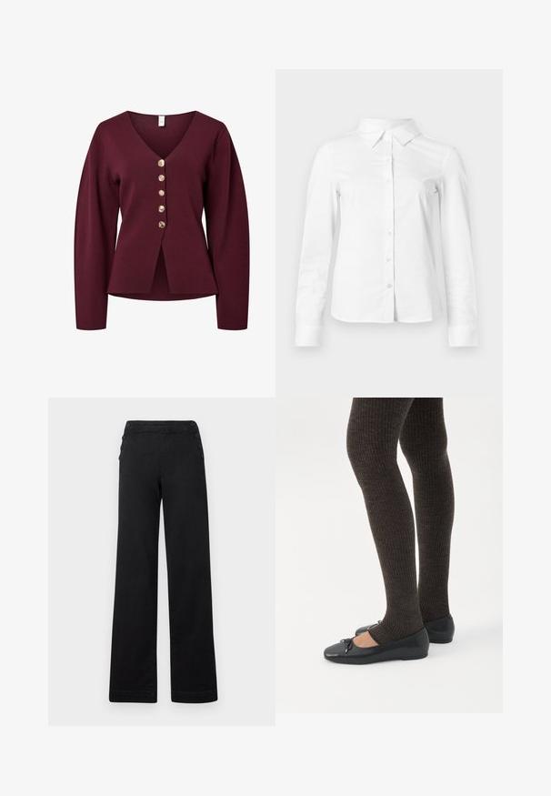 Bordeaux cardigan med lange ærmer, V-hals og fem dekorative guldfarvede knapper foran. Blødt, strikket stof med en lige pasform.; Hvid skjorte med lange ærmer, knapper, spids krave, lige kant og tætsiddende silhuet, vist på en ensartet lys baggrund.; Sorte brede bukser med høj talje, knapdetaljer på siderne og en glat denimtekstur med en ren finish.; Ben iført mørke ribbede leggings kombineret med sorte balletsko med små sløjfedetaljer på hvid baggrund.