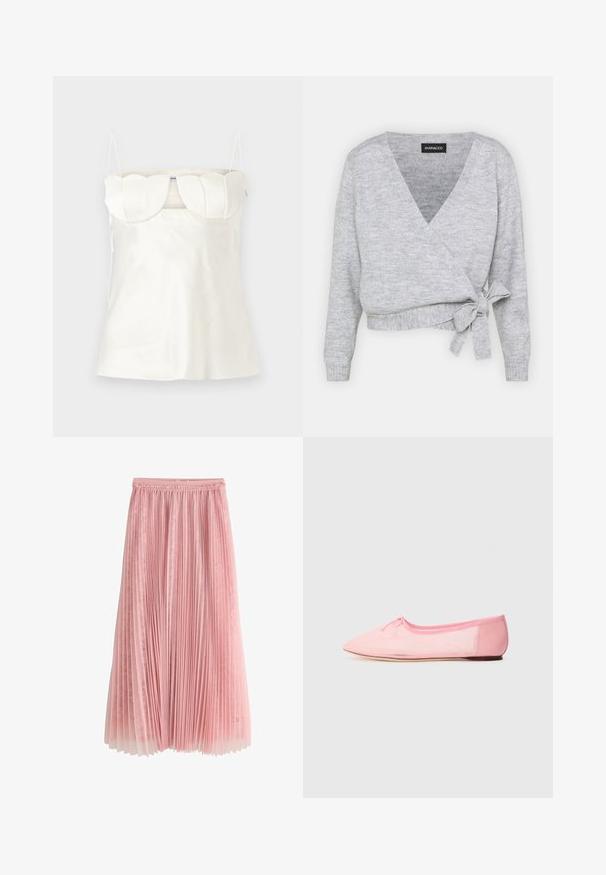 Grijze wikkeltrui met een V-hals, lange mouwen en een verstelbare strik in de taille. Gemaakt van zacht breimateriaal met een subtiele textuur.; Witte satijnen camisole met verstelbare bandjes, een gestructureerde, gegolfde buste en een rechte zoom. Gladde textuur en minimalistisch ontwerp.; Roze geplooide midi-rok met een kanten onderlaag en een geplooide tailleband, getoond op een witte achtergrond.; Roze ballerina's van zacht stof, met een spitse neus en een klein strikdetail op de bovenkant, voorzien van een lage en flexibele zool.