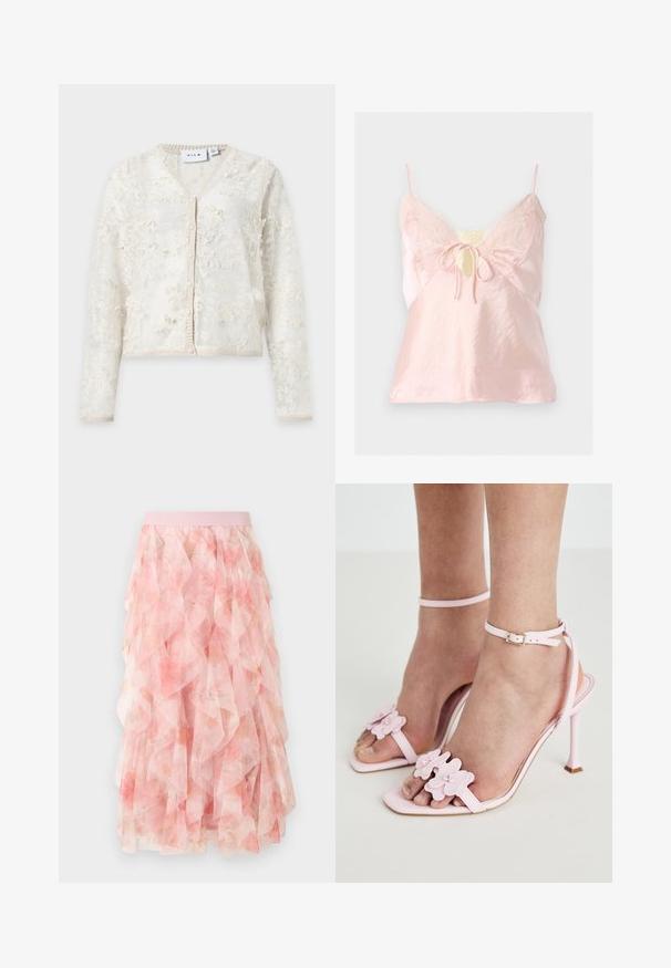 Cardigan blanc en dentelle à manches longues avec motifs floraux, boutonné à l'avant, avec bord-côtes à l'encolure, aux poignets et à l'ourlet.; Caraco en satin rose clair avec bordure en dentelle, fines bretelles, encolure goutte d'eau et détail noué devant.; Jupe midi en tulle rose à couches avec motif floral et taille élastique, présentant des textures douces et volantées.; Sandales à talons hauts roses avec des appliqués floraux, une fine bride de cheville et un design ouvert à l'avant. Texture lisse et forme de pointe.