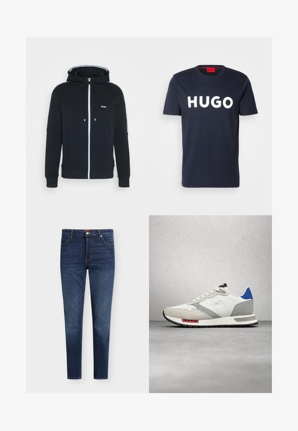 Haut de survêtement zippé noir en tissu doux, avec une fermeture éclair à l'avant, des poches latérales et un logo sur la poitrine. Comprend des cordons de serrage ajustables.; T-shirt en coton bleu marine avec un grand logo blanc "HUGO" sur le devant, col rond et manches courtes. Détail de l'étiquette intérieure rouge.; Jean slim bleu foncé avec poches avant, passants de ceinture, fermeture par bouton et légère décoloration sur les cuisses et les genoux.; Baskets blanches et grises avec une tige en daim et cuir, un accent bleu au talon, des accents rouges et une semelle noire texturée.