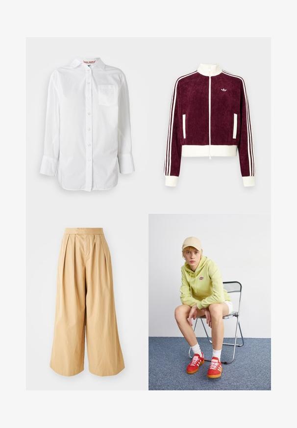 Chaqueta de pana granate con cremallera, detalles acanalados blancos, bolsillos laterales y tres rayas blancas en las mangas. Pequeño logo en el pecho.; Camisa blanca de manga larga con botones, con cuello y un bolsillo en el pecho, exhibida sobre un fondo liso.; Pantalones de pierna ancha beige con una cintura alta, que cuentan con pliegues frontales y una suave tela de algodón texturizada.; Sudadera verde claro con logo, pantalones cortos blancos, zapatillas rojas con rayas blancas, sentado en una silla plegable de cromo contra un fondo neutral.