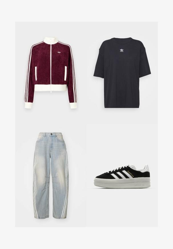 Maroonfarbene Cordjacke mit Reißverschluss aus Cordstoff, weiß gerippte Akzente, mit seitlichen Taschen und drei weißen Streifen an den Ärmeln. Kleines Logo auf der Brust.; Schwarzes Baumwoll-T-Shirt mit kurzen Ärmeln, rundem Halsausschnitt, mit einem weißen Adidas-Logo auf der Brust. Einfaches Design, lockere Passform.; Hellblaue Jeans aus Denim mit lockerer Passform, seitlichen weißen Streifen, verwaschenem Design und einem Knopfverschluss an der Taille.; Schwarze Wildleder-Sneaker mit weißen Lederakzenten, drei weißen Streifen, flachen Schnürsenkeln und einer dicken grauen Plateausohle. Goldenes "Gazelle"-Branding.