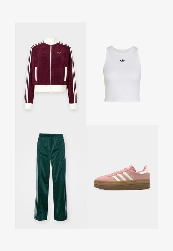 Donkerrode corduroy jas met ritssluiting en geribbelde witte accenten, voorzien van zijzakken en drie witte strepen op de mouwen. Klein logo op de borst.; Witte mouwloze crop top met ronde hals en klein zwart Adidas trefoil-logo, gecentreerd onder de kraag.; Donkergroene sportbroeken van glanzend materiaal, met zijstrepens in lichtgrijs en een geborduurd logo op het linkerbeen.; adidas Originals GAZELLE BOLD - Sneakers laag - mauve/off white