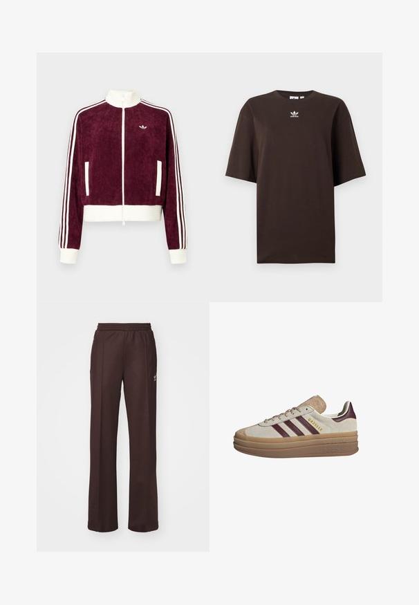 Donkerrode corduroy jas met ritssluiting en geribbelde witte accenten, voorzien van zijzakken en drie witte strepen op de mouwen. Klein logo op de borst.; Donkerbruin oversized Adidas T-shirt met korte mouwen en een klein wit Adidas-logo gecentreerd onder de halslijn.; Bruine sportieve broek met een elastische tailleband, twee zijzakken en een klein logo aan de linkerzijde, gemaakt van een zachte stof.; Beige suède sneakers met bordeauxrode strepen, witte accenten, een chunky doorschijnende zool en verhoogde branding aan de zijkant. Vetersluiting.