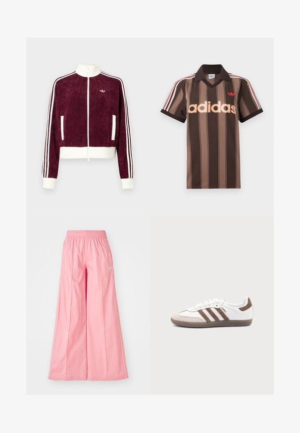 Vinrød fløjlsjakke med lynlås og ribstrikkede hvide detaljer, der har sidelommer og tre hvide striber på ærmerne. Lille logo på brystet.; Brunstribet Adidas polo-shirt med V-hals, bordeaux krave og rødt logo. Har hvide og røde skulderstriber samt korte ærmer.; Lyserøde brede bukser lavet af let materiale, med elastisk talje og diskrete hvide side striber. Lille logo på fronten.; Hvid Adidas Samba sneaker med brune ruskindstriber, brun gummisål og beige ruskindståhætte, vist fra ydersiden på en ensfarvet baggrund.