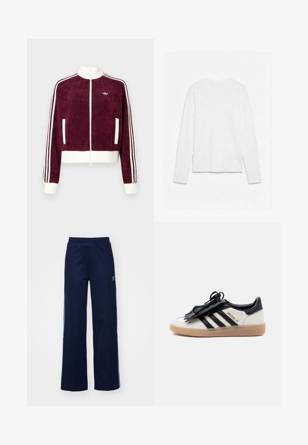Chaqueta de pana granate con cremallera, detalles acanalados blancos, bolsillos laterales y tres rayas blancas en las mangas. Pequeño logo en el pecho.; Camiseta blanca lisa de manga larga con cuello redondo, extendida sobre una superficie blanca, mostrando el frente y la longitud completa de la manga.; Pantalones de chándal de mezcla de algodón en color marino con diseño de pierna ancha, cinturilla elástica y bolsillos con cremallera, con franjas laterales blancas y detalle de logotipo.; Zapatilla Adidas Spezial blanca y negra con suela de goma, rayas negras y cubierta de cordones negra sobre un fondo claro sencillo.