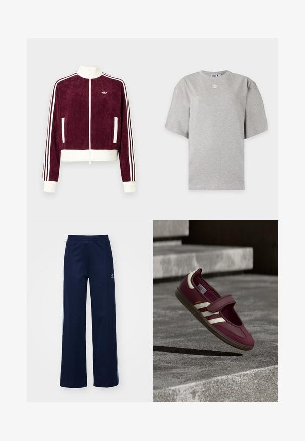 Merlotinpunainen corduroy-vetoketjutakki, jossa valkoiset resorikoristeet, sivutaskut ja kolme valkoista raitaa hihoissa. Pieni logo rinnassa.; Vaaleanharmaa Adidas lyhythihainen t-paita pyöreällä kaula-aukolla ja pienellä valkoisella Adidas-logolla rinnassa, esitetty yksivärisellä taustalla.; Meripihkala cotton-sekoitekankaisen urheiluhousut leveällä lahkeella, joustava vyötärö ja vetoketjulliset taskut. Housuissa on valkoiset sivuraidat ja logo-yksityiskohta.; Tummanpunainen urheilukenkä, jossa on hihna, valkoiset sivuraidat, kuvioitu kumipohja ja sileä päällinen. Säädettävä istuvuus pehmeällä sisävuorella.