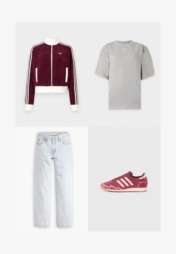 Donkerrode corduroy jas met ritssluiting en geribbelde witte accenten, voorzien van zijzakken en drie witte strepen op de mouwen. Klein logo op de borst.; Lichtgrijs Adidas T-shirt met korte mouwen, ronde hals en klein wit Adidas-logo op de borst, weergegeven op een effen achtergrond.; Lichtblauwe, rechte spijkerbroek met hoge taille, met vijf zakken, een sluiting met knoop aan de voorkant en zichtbare stikseldetails.; Bordeauxrode en roze suède sneakers met drie roze strepen, een gestructureerd oppervlak en een zool van gumrubber. Voorzien van fijne stikdetails.