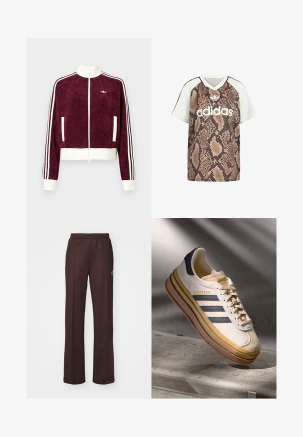 Vinrød fløjlsjakke med lynlås og ribstrikkede hvide detaljer, der har sidelommer og tre hvide striber på ærmerne. Lille logo på brystet.; Adidas kortærmet V-hals shirt med hvide ærmer og brun slangeprint krop, med hvid Adidas-logo og trefoil-emblem foran.; Brune træningsbukser med elastisk talje, to sidelommer og et lille logo på venstre side, lavet af et blødt stof.; Adidas Gazelle sneaker med en creme farvet ruskindsoverdel, blå læderdetaljer, tre blå striber, beige mellemsål og brune gummisål.