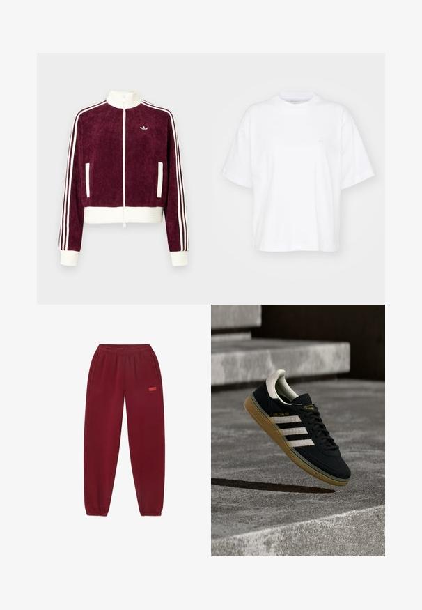 Vinrød fløjlsjakke med lynlås og ribstrikkede hvide detaljer, der har sidelommer og tre hvide striber på ærmerne. Lille logo på brystet.; Hvid bomulds t-shirt med rund hals, korte ærmer og en afslappet pasform. Har et diskret logo på venstre brystområde. Glat tekstur.; Bordeaux sweatpants med elastisk talje, sidelommer og tapered ben. Bemærkelsesværdigt logo trykt i pink på venstre side.; Sort ruskindssneaker med hvide striber og gyldent logo, med en tekstureret gummisål i karamel og en kontrasterende cremefarvet hæltab.