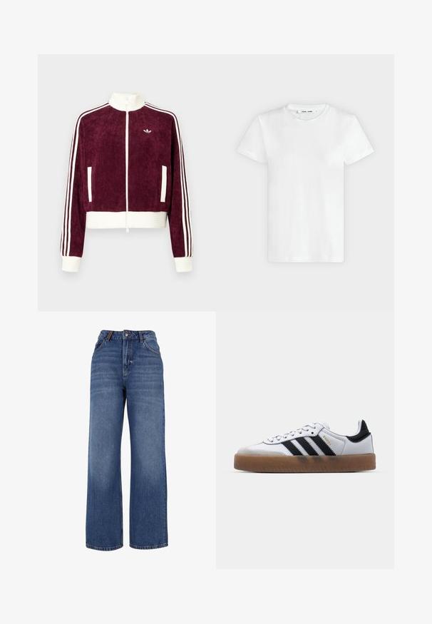 Chaqueta de pana granate con cremallera, detalles acanalados blancos, bolsillos laterales y tres rayas blancas en las mangas. Pequeño logo en el pecho.; Camiseta blanca lisa de manga corta y cuello redondo, colocada plana sobre un fondo gris claro, mostrando la parte delantera con etiqueta dentro del escote.; Pantalones vaqueros de pierna ancha hechos de tejido de algodón azul de peso medio. Presentan un diseño clásico de cinco bolsillos y una cremallera con cierre de botón.; Zapatillas de cuero blancas con rayas negras, suela de goma, puntera redonda, cierre de cordones y caperuza de ante gris suave.