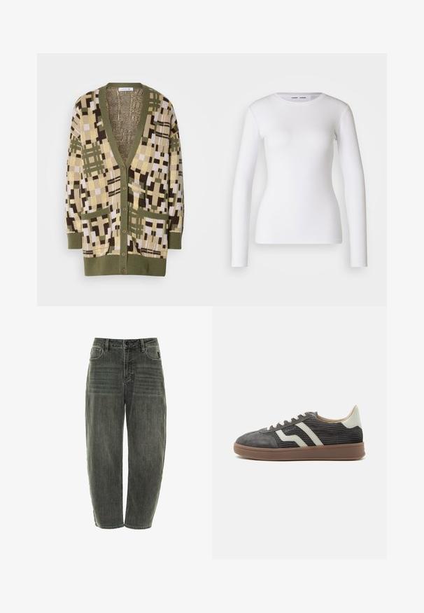 Gebreide cardigan in groene en neutrale tinten, met een geometrisch patroon. Het heeft een V-hals, knopen aan de voorkant en twee voortassen.; Witte longsleeve shirt van ribstof, met een ronde halslijn en een getailleerde vorm. Er zijn geen patronen of accenten aanwezig.; Donkergrijze denim jeans met een relaxte pasvorm, voorzien van vijf zakken, een knoopsluiting en subtiele vervaging aan de voorkant en achterkant.; Grijze corduroy lage sneaker met witte zijstrepen, beige hielstuk, witte veters en bruine rubberen zool.