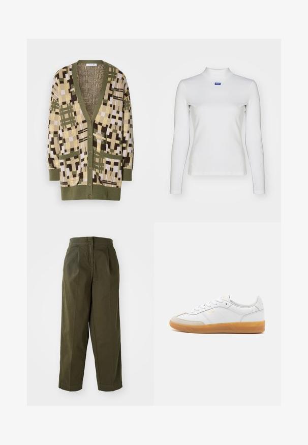 Strikket cardigan i grønne og neutrale nuancer med et geometrisk mønster. Den har V-hals, knaplukning foran og to lommer foran.; Hvid langærmet turtleneck-top lavet af strækstof, med en tætsiddende design og et lille blåt logo på brystet.; Olivenfarvede, vide bukser med høj talje, der har frontfolder og oprevne kanter. Fremstillet af letvægtsstof med en glat overflade.; Hvide lædersneakers med beige ruskindsdetaljer, gummisål og snøredesign. Har diskret branding i guld.