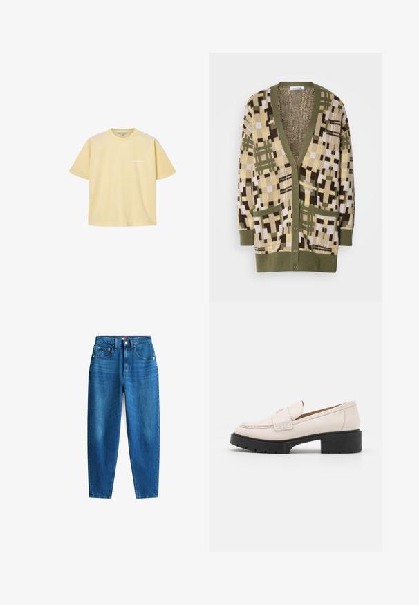 Cardigan tricoté dans des tons verts et neutres, avec un motif géométrique. Il a un col en V, une fermeture à boutons et deux poches avant.; T-shirt jaune pâle à manches courtes avec col rond, avec un petit logo blanc "ALLSAINTS" sur la poitrine gauche.; Jeans en denim bleu avec une coupe droite, cinq poches, une fermeture à bouton et zip, et légère décoloration pour une variation de texture.; Mocassins en cuir beige clair avec un devant cousu et un talon platform texturé noir. Présente un design incurvé et une légère élévation.