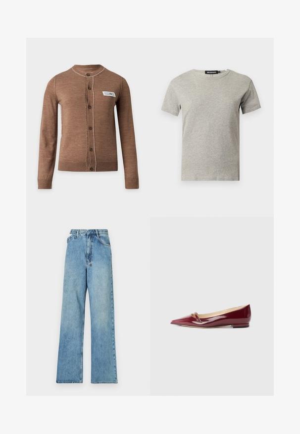 Cardigan marrón de manga larga con botones, costuras blancas y una pequeña etiqueta rectangular blanca en el pecho izquierdo.; Camiseta de algodón gris claro de manga corta con cuello redondo y etiqueta negra visible dentro del cuello que dice "DENIM" y talla "S".; Jeans de mezclilla de color azul claro, de pierna ancha, con una cintura de altura media, cinco bolsillos y un cierre de botón con herrajes metálicos y un acabado desgastado.; Bailarinas de charol burdeos con punta afilada, que presentan un pequeño detalle de corte y un tacón bajo. Textura suave y diseño elegante.