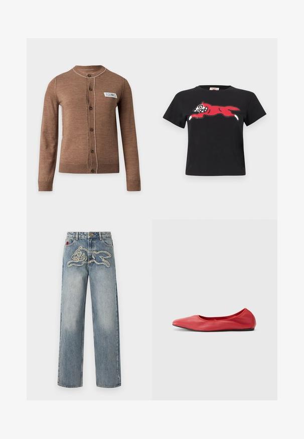 Bruine langarmige vest met knopen, witte stiknaden en een klein wit rechthoekig label op de linkerborst.; Zwart korte mouw crop top met een afbeelding van een gestileerde rode springende vos met witte tanden en poten over de borst.; Spijkerbroek met wijde pijpen en een gestikte afbeelding van een springend konijn over het voorste bovenbeen.; Filippa K REY FLATS - Ballerina's - bright red