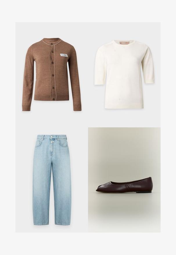 Cardigan marron à manches longues boutonné avec des surpiqûres blanches et une petite étiquette blanche rectangulaire sur la poitrine gauche.; Pull en maille blanc à manches courtes avec col rond et bords côtelés, présenté sur un fond uni clair.; Jean en denim bleu clair à coupe droite, avec des rayures verticales, une fermeture à boutons et zip sur le devant, et un style à cinq poches.; Chaussure plate en cuir marron foncé avec bout ouvert et petit talon sur fond clair uni.