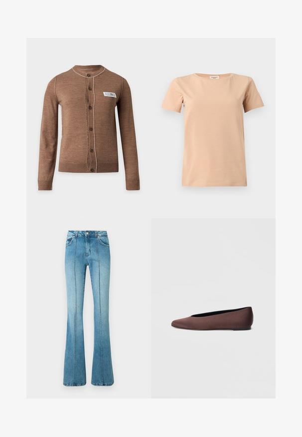 Cardigan marron à manches longues boutonné avec des surpiqûres blanches et une petite étiquette blanche rectangulaire sur la poitrine gauche.; T-shirt beige manches courtes avec col rond et ourlet droit sur un fond uni gris clair.; Jeans en denim bleu clair taille haute avec des détails de couture à l'avant, des poches avant, des passants pour ceinture et des jambes évasées sur fond blanc.; Ballerines en tissu marron avec un bout pointu et une texture lisse, dotées d'un talon bas et d'une fine semelle noire. Aucune motif ni élément métallique visible.