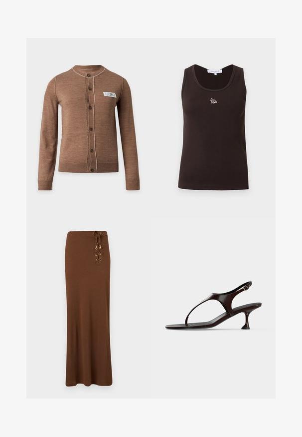 Cardigan marron à manches longues boutonné avec des surpiqûres blanches et une petite étiquette blanche rectangulaire sur la poitrine gauche.; Débardeur sans manches à côtes de couleur marron foncé avec un petit logo de renard blanc centré sous l'encolure, étiquette de taille visible à l'intérieur du col.; Jupe longue marron avec une taille haute et un détail lacé avec œillets dorés et breloques sur le côté droit.; Sandale slingback en cuir verni marron foncé avec petit talon et bride entre les orteils sur fond blanc.