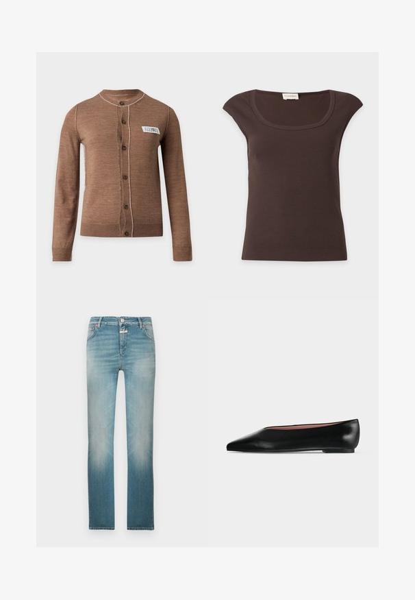 Cardigan marron à manches longues boutonné avec des surpiqûres blanches et une petite étiquette blanche rectangulaire sur la poitrine gauche.; Top côtelé marron foncé à manches courtes et encolure arrondie avec une petite étiquette en tissu au niveau du col sur fond blanc.; Jean en denim bleu clair à coupe droite, finition délavée, cinq poches et fermeture par bouton en métal à la taille.; Chaussure plate en cuir noir pour femme, avec bout pointu et petit talon, vue de côté sur un fond gris clair uni.
