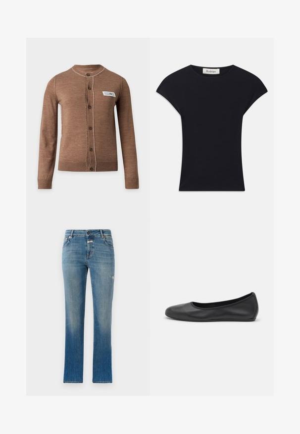 Brun langærmet knappet cardigan med hvide syninger og en lille hvid rektangulær label på venstre bryst.; Sort kortærmet top lavet af blødt stof, med rund halsudskæring og en tætsiddende form med diskrete skulderdetaljer. Mærke synligt.; Lysblå lige ben jeans lavet af denim. Har en mid-rise talje, frontlommer og let slitage på stoffet.; Sort læderballetsko med rund tå, glat tekstur, minimal syning og et fleksibelt såldesign.