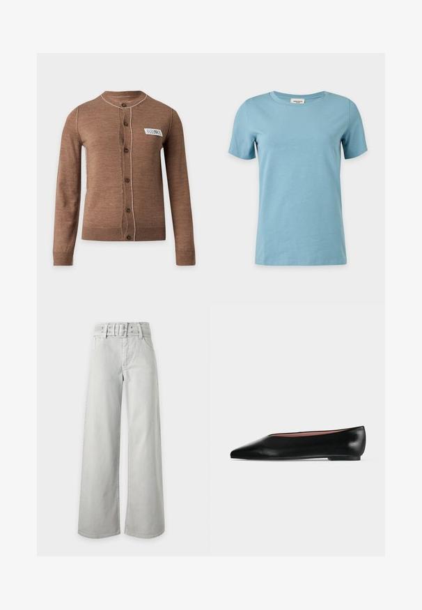 Cardigan marron à manches longues boutonné avec des surpiqûres blanches et une petite étiquette blanche rectangulaire sur la poitrine gauche.; T-shirt bleu clair à manches courtes et col rond avec un design simple et uni, présenté sur fond blanc.; Jean gris clair taille haute à jambes larges, avec poches avant, passants de ceinture et ceinture en tissu assortie avec boucle.; Chaussure plate en cuir noir pour femme, avec bout pointu et petit talon, vue de côté sur un fond gris clair uni.