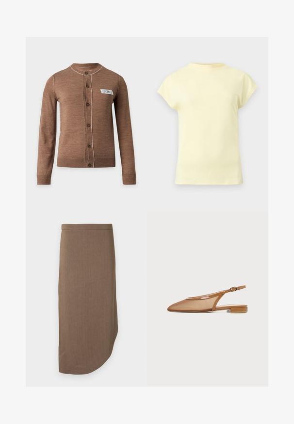 Cardigan marron à manches longues boutonné avec des surpiqûres blanches et une petite étiquette blanche rectangulaire sur la poitrine gauche.; T-shirt jaune clair à manches courtes avec un col rond, présenté sur un fond gris clair neutre.; Jupe crayon marron longueur genou avec un ourlet asymétrique et une taille ajustée, affichée sur fond blanc.; Chaussure plate à bride arrière marron avec bout pointu, fine bride avec boucle et petit talon bloc sur fond blanc.