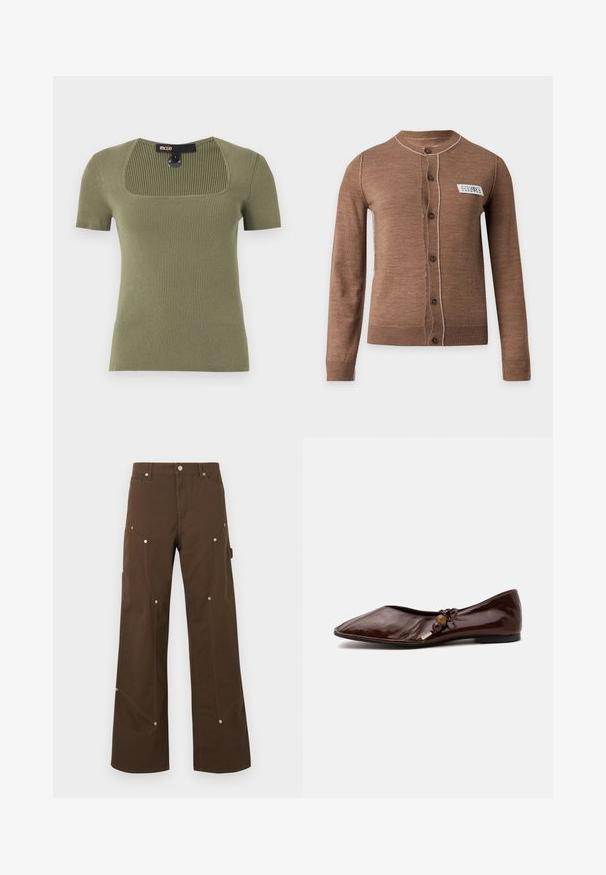 Cardigan marron à manches longues boutonné avec des surpiqûres blanches et une petite étiquette blanche rectangulaire sur la poitrine gauche.; Top en maille côtelée à manches courtes de couleur vert olive avec un col carré et une étiquette de marque visible au niveau du col arrière.; Pantalon droit marron avec poches avant et latérales, rivets argentés, passants de ceinture et fermeture par bouton sur fond blanc.; Chaussure plate pointue en cuir marron foncé avec un nœud décoratif et des perles en bois sur le côté, sur fond blanc.