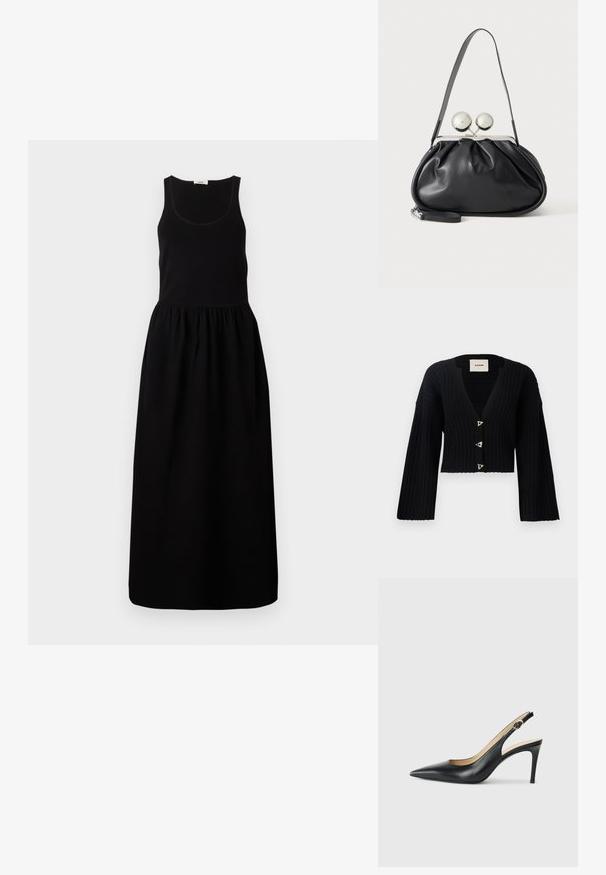 AERON MORROW - Vest - black; Zwart mouwloos maxi-jurk met een aansluitend lijfje, gathered taille en een vloeiende rok. Gemaakt van een zachte stof met een gladde textuur.; Zwarte leren slingback-hakken met een spitse neus, verstelbare band en een elegante stiletto-hak, met een gladde afwerking.; Zwarte leren handtas met een geplooid ontwerp, een enkele schouderband, zilverkleurige metalen omlijsting en twee grote ronde zilveren sluitingen.