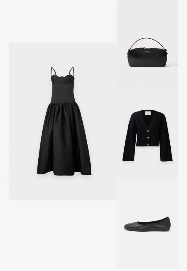 AERON MORROW - Vest - black; Zwart jurk met een getailleerde lijfje en een uitlopende, geraffineerde rok. Heeft dunne bandjes met kraalaccenten. Soepele textuur en een ingetogen ontwerp.; Zwarte leren ballerina met een ronde neus, gladde textuur, minimale stikdetails en een flexibele zoolontwerp.; Zwarte leren polstasje met zilveren ritssluiting en kort handvat, geperst Emporio Armani Milano 1981-logo aan de voorkant.