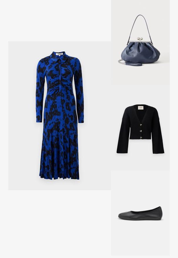 AERON MORROW - Vest - black; Blauwe jurk met luipaardprint, lange mouwen, kraag, gerimpelde bodice en een uitlopende rok. Gemaakt van een gladde, rekbare stof.; Zwarte leren ballerina met een ronde neus, gladde textuur, minimale stikdetails en een flexibele zoolontwerp.; Zachte navyblauwe leren handtas met zilveren sluiting, enkele schouderband en afneembare ketting polsband op witte achtergrond.