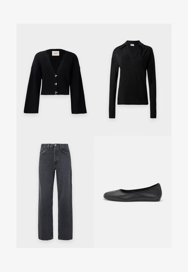 AERON MORROW - Gilet - black; Top noir à manches longues avec col en V et col en tissu lisse, présenté sur un fond clair uni.; Jean en denim noir coupe large avec finition délavée, doté de deux poches avant et d'une fermeture à bouton à la taille. Design classique à cinq poches.; Ballerines en cuir noir avec un bout rond, texture lisse, détails de couture minimalistes et design de semelle flexible.