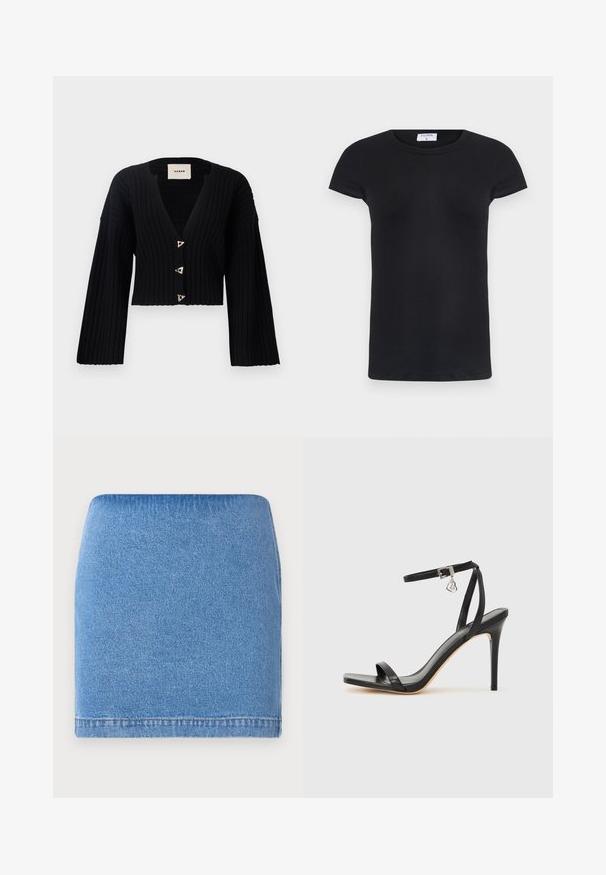 AERON MORROW - Chaqueta de punto - black; Camiseta negra de canalé con cuello redondo y mangas cortas. Tela suave con forma ajustada, presenta una etiqueta en el cuello.; Minifalda de mezclilla en azul claro con un diseño ajustado, dobladillo recto y una textura sutil. Sin cierres ni bolsillos visibles.; Sandalia de tacón alto negra con una estrecha correa en el tobillo, punta cuadrada, material de cuero liso y detalle de hebilla metálica.