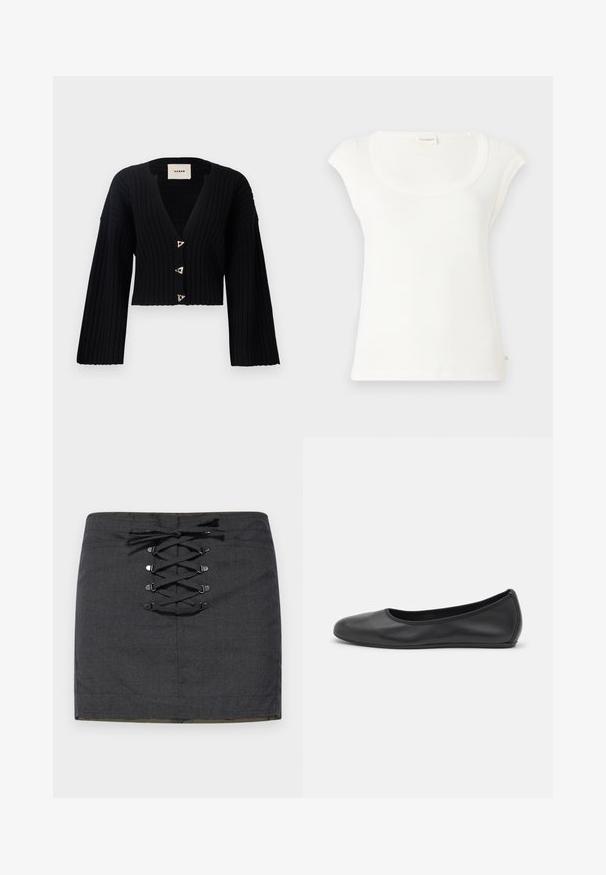 AERON MORROW - Cardigan - black; Hvid kortærmet t-shirt lavet af blød bomuld. Har en rund halsudskæring og en afslappet pasform. Etiketter hængende på bagsiden.; Mørkegrå mini nederdel med snøredetalje foran og metallhardware. Glat tekstur, tætsiddende pasform og mid-rise talje.; Sort læderballetsko med rund tå, glat tekstur, minimal syning og et fleksibelt såldesign.