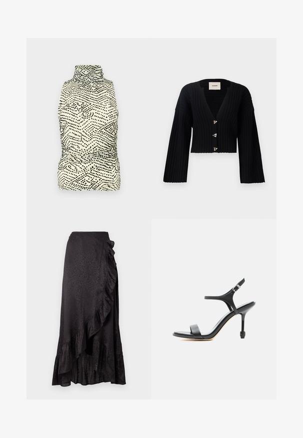 AERON MORROW - Cardigan - black; Tætsiddende ærmeløs top med høj hals, med en kremfarvet bund og sort prikket bølgemønster; lavet af glat, strækbart stof.; Sort satin nederdel med en ruffled kant og sidelægnedetaljer. Tekstureret leopardmønster tilføjer visuel interesse. Lang, luftig silhuet.; Sort læder sandal med høje hæle, tynde stropper, åben tå og justerbar ankelspænde, vist mod en ensartet hvid baggrund.