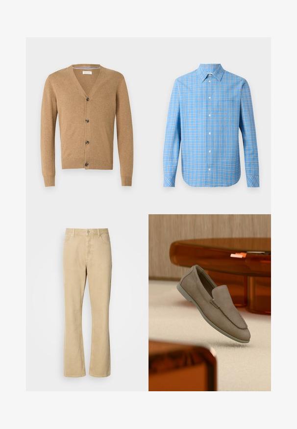 Cardigan beige en matériau doux, avec un col en V, une fermeture à bouton, des manches longues et des poignets et un ourlet côtelés.; Chemise à carreaux bleu clair à manches longues, col classique et poche poitrine unique. Présente des accents de grille blancs et noirs.; Pantalons en velours côtelé beige évasés avec une fermeture à bouton et à fermeture éclair, comportant cinq poches et des coutures visibles le long des jambes. Texture lisse.; Mocassin beige en daim à enfiler avec coutures visibles et semelle claire, positionné au-dessus d'un tapis crème, avec un meuble translucide orange en arrière-plan.