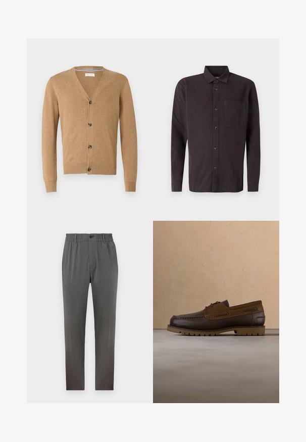Beige Cardigan aus weichem Material, mit V-Ausschnitt, Knopfschluss, langen Ärmeln und gerippten Bündchen und Saum.; Dunkelbraunes Langarmhemd aus Baumwolle, mit einem abknöpfbaren Kragen, einer Brusttasche und schwarzen Knöpfen zum Schließen.; Graue Hose mit maßgeschneidertem Design, ausgestattet mit einem elastischen Bund, Knopfverschluss und geraden Beinen; gefertigt aus weichem, strukturiertem Stoff.; Brauner Leder- und Veloursleder-Schnürhalbschuh mit robuster Sohle, in der Luft über beigem Teppichboden und Sofahintergrund positioniert.