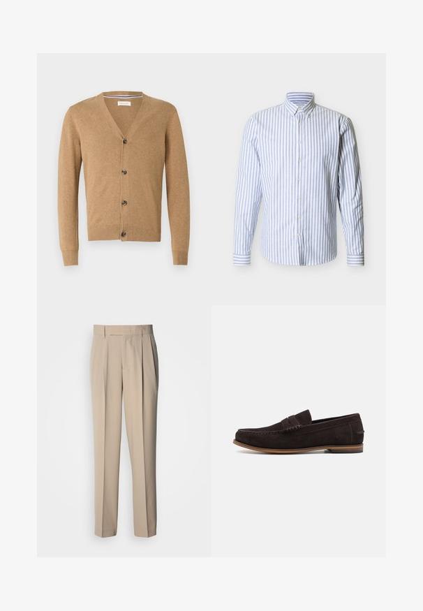 Cardigan beige en matériau doux, avec un col en V, une fermeture à bouton, des manches longues et des poignets et un ourlet côtelés.; Chemise à manches longues rayée verticalement bleu clair et blanc, avec col boutonné et poignets boutonnés.; Pantalon beige taille haute à plis, coupe droite, avec une texture lisse et sans ornements ni motifs visibles.; Mocassins en daim marron foncé avec un bout arrondi, une tige texturée et une semelle en caoutchouc marron clair. Présente une sangle décorative sur le devant.