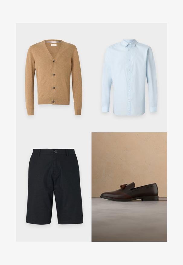 Tan vest gemaakt van een zachte stof, met een V-hals, knoopsluiting, lange mouwen en geribbelde manchetten en zoom.; Lichtblauwe longsleeve shirt van gladde stof, met een knoopsluiting aan de voorkant, standaardkraag en knoopmanchetten.; Zwarte shorts gemaakt van lichtgewicht stof, met een rechte snit, enkele knoopsluiting en een schone zoom zonder zichtbare patronen.; Donkerbruine leren loafer met kwastjes die boven een beige geweven kleed zweeft, met een ronde houten tafel en gestapelde boeken op de achtergrond.