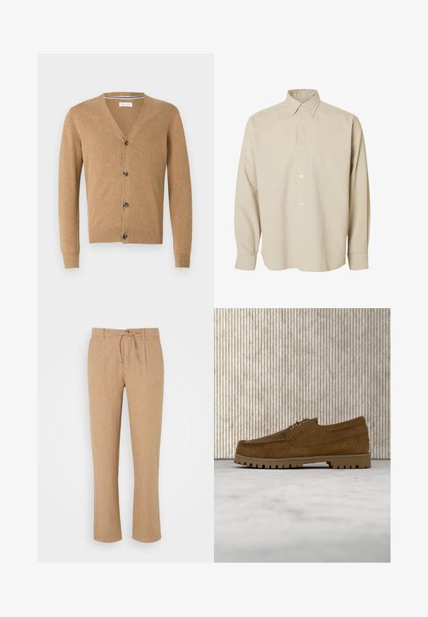 Brun cardigan lavet af et blødt materiale, med V-hals, knaplukning, lange ærmer og ribbede manchetter og kant.; Beige langærmet skjorte med knapper, spids krave og knappede manchetter, vist mod en ensfarvet hvid baggrund.; Beige linnedbukser med lige ben, snoreliv og en subtil tekstureret overflade. Forreste folder tilføjer detaljer til den klassiske stil.; Brun ruskind snøresko med tyk rillede sål, der svæver over beige tæppe, med et brunt ovalt bord i baggrunden.