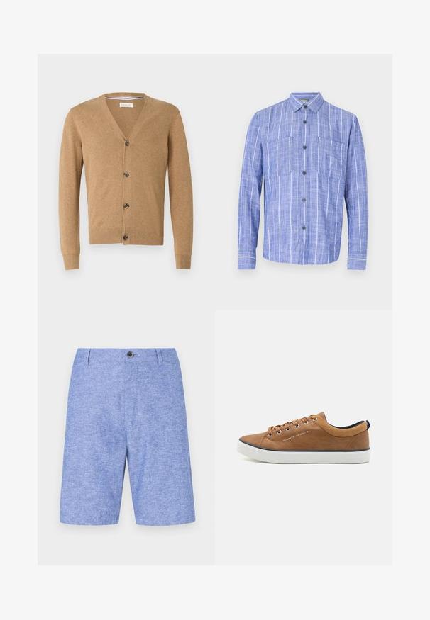 Brun cardigan lavet af et blødt materiale, med V-hals, knaplukning, lange ærmer og ribbede manchetter og kant.; Langærmet blå skjorte med hvide lodrette striber, knaplukning foran, to brystlommer og klassisk krave.; Lysblå shorts i et tekstureret materiale med knaplukning fortil og sidelommer, i en lige skæring og knælangt design.; Brune lædersneakers med rund tå, hvid sål og marineblå accenter. Har metaløjer og en tekstureret krave.