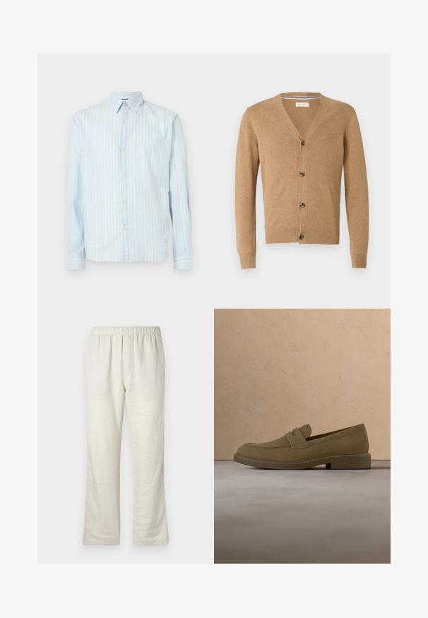 Beige Cardigan aus weichem Material, mit V-Ausschnitt, Knopfschluss, langen Ärmeln und gerippten Bündchen und Saum.; Hellblaues Button-up-Hemd mit weißen vertikalen Streifen, klassischem Kragen, langen Ärmeln und zwei Knopfakzenten an den Ärmeln.; Beige leichte Leinenhose mit elastischem Bund, geradem Schnitt und ohne sichtbare Taschen oder Verschlüsse.; Brauner Wildleder-Slipper schwebt über einem strukturierten beigen Teppich in einem Wohnzimmer mit einem Holz-Couchtisch und gestapelten Büchern.
