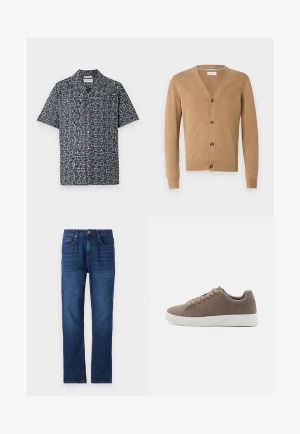 Brun cardigan lavet af et blødt materiale, med V-hals, knaplukning, lange ærmer og ribbede manchetter og kant.; Kortærmet skjorte i marineblå med et hvidt abstrakt mønster, featuring knaplukning foran og krave. Blødt stof med en afslappet pasform.; Pier One by Zalando Loose-jeans - dark blue denim; Brune ruskinds sneakers med flade hvide gummisåler, snørelukning, rund tå og en glat overflade. Minimalistisk stil med diskrete syninger.