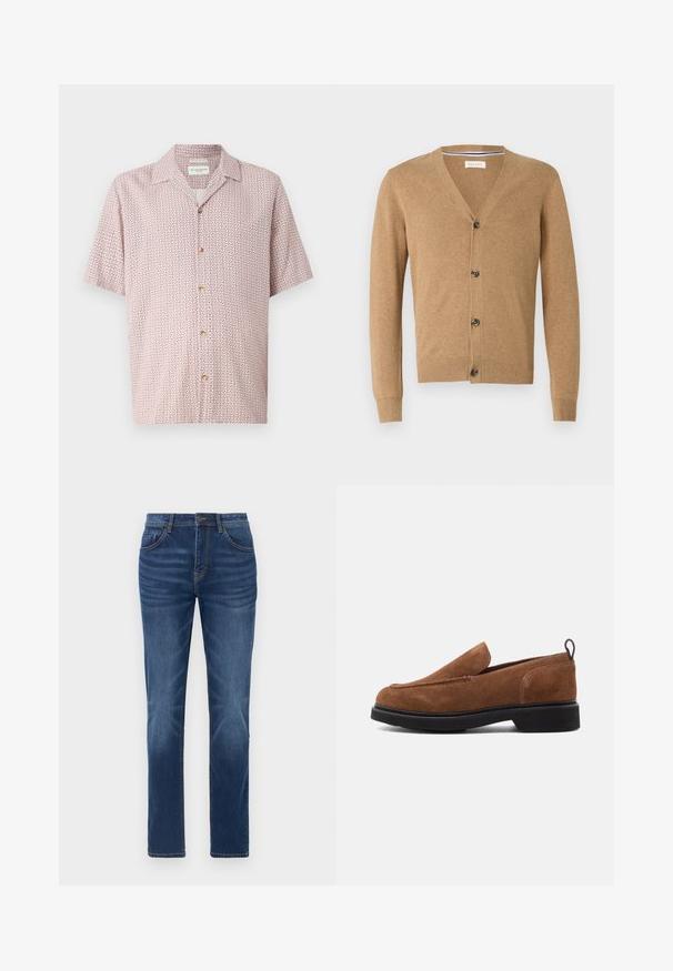 Cárdigan marrón claro hecho de un material suave, con escote en V, cierre de botones, mangas largas y puños y dobladillo acanalados.; Camisa de manga corta en rosa claro con un estampado floral geométrico. Cuenta con un cierre de botones en la parte delantera y un cuello clásico. Fabricada en un tejido suave.; Vaqueros de mezclilla azul oscuro con un corte recto clásico, diseño de cinco bolsillos y un ligero desgaste en las piernas. Presenta un cierre de botón y cremallera.; Zapatos de ante marrón tipo slip-on con punta redondeada, suela de goma negra y un pequeño tacón. Presentan un diseño de costura decorativa en la parte superior.