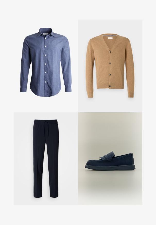 Cardigan beige en matériau doux, avec un col en V, une fermeture à bouton, des manches longues et des poignets et un ourlet côtelés.; Chemise à manches longues bleue en tissu léger, avec un col classique, un devant à boutons et des boutons blancs. Texture lisse, design polyvalent.; Pantalons légers bleu marine avec une taille élastique et un cordon de serrage réglable, présentant un design coupe droite et une texture lisse.; Mocassin en daim bleu marine avec bride à franges et semelle en caoutchouc, présenté de profil sur un fond neutre.
