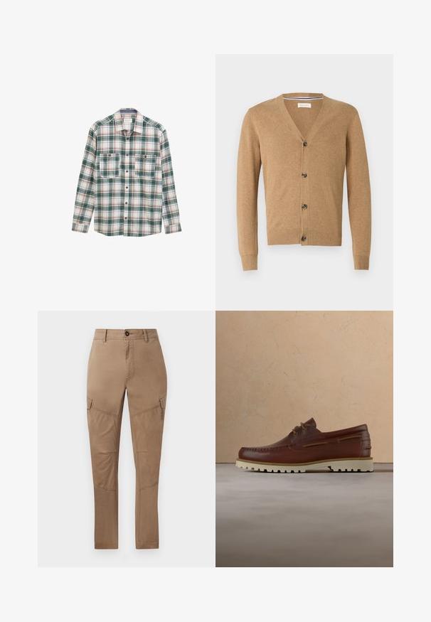 Brun cardigan lavet af et blødt materiale, med V-hals, knaplukning, lange ærmer og ribbede manchetter og kant.; Langærmet skjorte med knapper i grøn, hvid og rød plaidmønster, to knaplukket brystlommer foran og klassisk krave.; Cargo-bukser i lysbrun bomuldsblanding. Har sidelommer, lige ben og syninger. Glat tekstur med en holdbar finish.; Brun læder casual snørestøvle med cremefarvet gummisål, der hænger over beige tæppe nær et træ-sofabord med bøger.