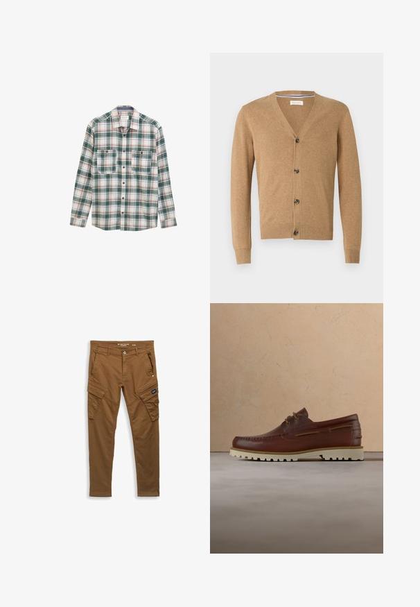 Brun cardigan lavet af et blødt materiale, med V-hals, knaplukning, lange ærmer og ribbede manchetter og kant.; Langærmet skjorte med knapper i grøn, hvid og rød plaidmønster, to knaplukket brystlommer foran og klassisk krave.; Brune lige cargo bukser med frontknap, bælte-loops, sidelommer og baglommer samt klaplukninger på lommen på låret.; Brun læder casual snørestøvle med cremefarvet gummisål, der hænger over beige tæppe nær et træ-sofabord med bøger.