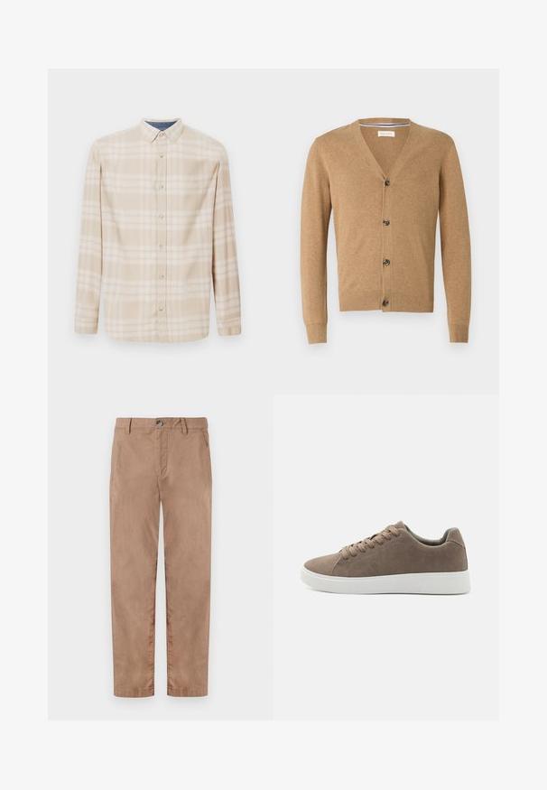 Tan vest gemaakt van een zachte stof, met een V-hals, knoopsluiting, lange mouwen en geribbelde manchetten en zoom.; Beige geruite langwerpige blouse met een knoopsluiting, knopen aan de voorkant en subtiele blauwe accenten bij de halslijn. Gemaakt van zachte stof.; TOM TAILOR REGULAR WASHED - Chino - caribou beige; Bruine suède sneakers met platte witte rubberen zolen, vetersluiting, ronde neus en een gladde textuur. Minimalistische stijl met subtiele stikdetails.