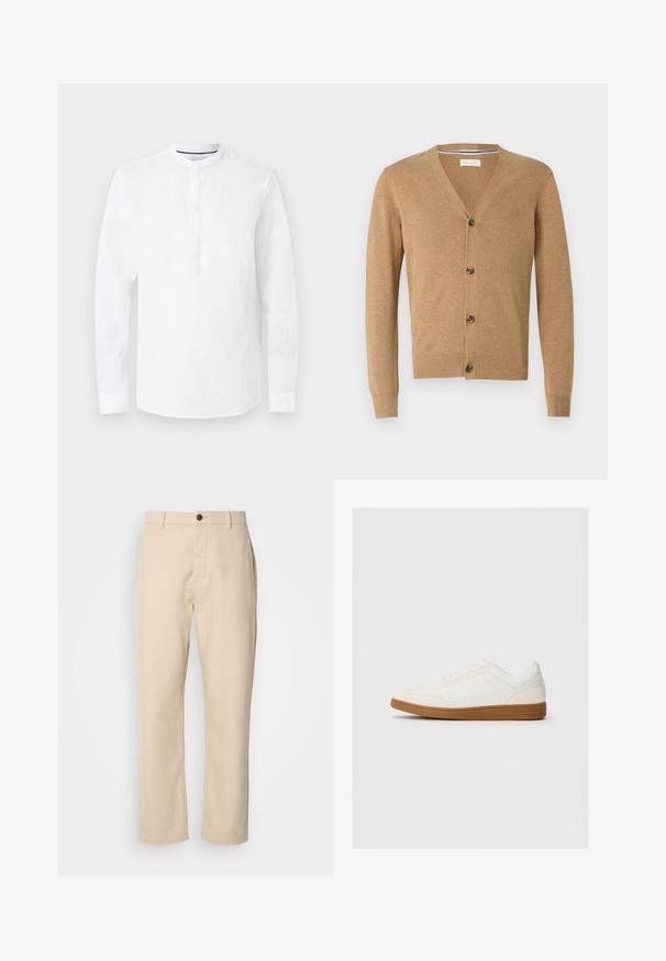 Cardigan beige en matériau doux, avec un col en V, une fermeture à bouton, des manches longues et des poignets et un ourlet côtelés.; Chemise blanche à manches longues avec col mandarin et patte de boutonnage trois boutons, présentée à plat sur un fond gris clair.; Pantalons en coton beige avec jambes droites, fermeture à bouton à l'avant, poches latérales et texture lisse. Design minimaliste, sans motifs visibles.; Baskets blanches avec un capuchon en daim, un dessus en synthétique lisse et une semelle en caoutchouc marron. Présente des perforations sur les côtés pour une meilleure respirabilité.